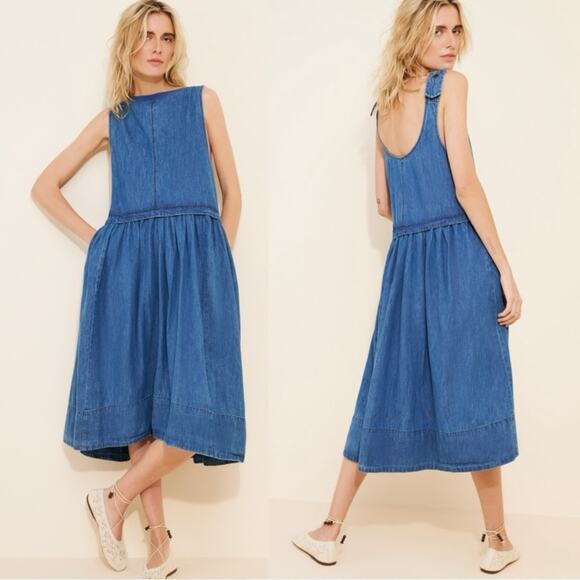 Free People Retro 90s Soraya Light Denim Sky Drop Waist Midi Jumper Dress Medium - Picture 6 of 13